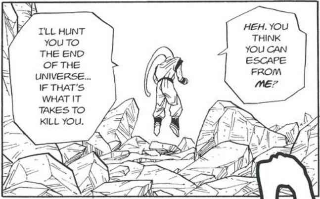 Dragon Ball chapter 503 page 7. The English translation upgrades Buuhan's threat to extend to the entire universe.