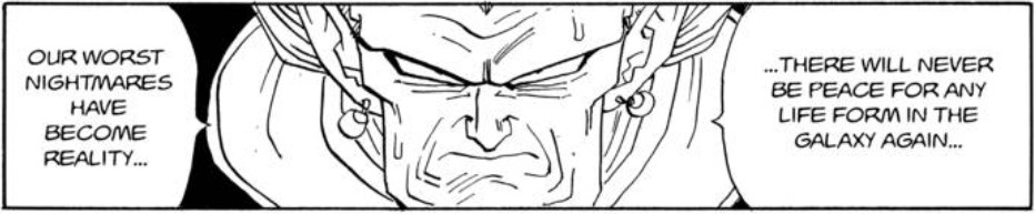 Dragon Ball chapter 470 page 4. The official English translation downgrades Fat Buu's threat from "universe" to "galaxy."