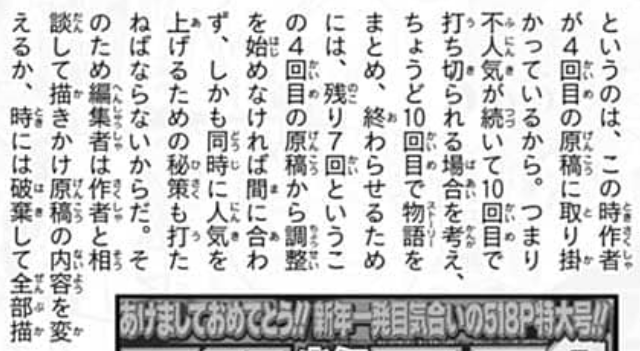 Saikyō Jump April 2022 page 309. Torishima: “This is because, at that point, the author would be working on the fourth manuscript. In other words, assuming a series is unpopular and will be cancelled after 10 chapters, the story must be wrapped up neatly by the 10th chapter. That means with only 7 chapters remaining, adjustments must already begin starting from the fourth manuscript, or there won’t be enough time. And at the same time, you also have to implement strategies to boost its popularity. Therefore, editors must consult with the author and either change the content of the manuscript already in progress, or—in some cases—discard it entirely and redraw everything from scratch.”
