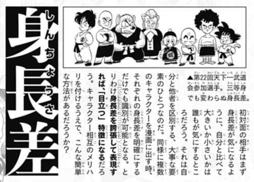 Saikyō Jump September 2021 page 518. Torishima: "Height differences. When you meet someone for the first time, the first thing you notice is their height—everyone naturally compares it to their own and wonders if the other person is big or small. Because it is an important factor for distinguishing yourself from others, likewise, when introducing multiple characters in a manga, just making each character’s height difference clear makes them identifiable. If you exaggerate height differences in your depiction, it immediately makes characters stand out. Especially when giving contrast among the characters, is there any method easier than this?"