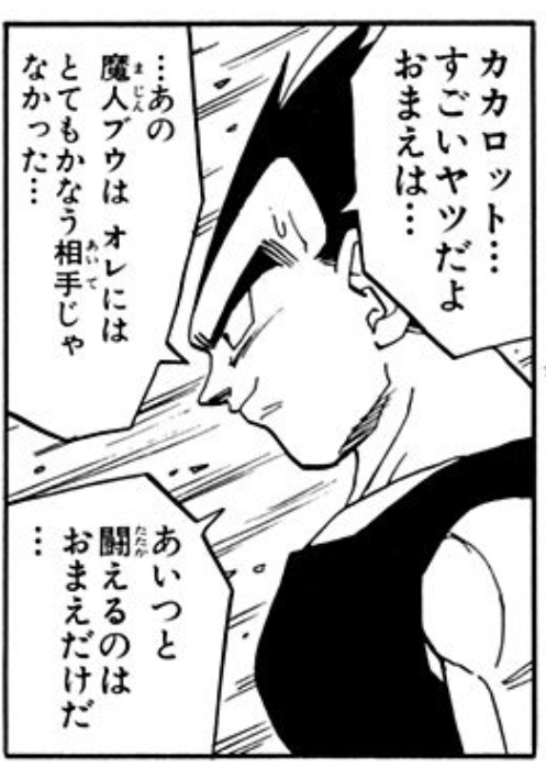 Dragon Ball chapter 510 page 8. Vegeta: “It looks like you’re the only one who can really keep up with him after all…”