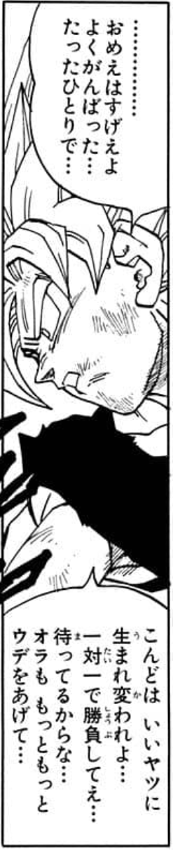 Dragon Ball chapter 516 page 11. Goku to Kid Buu: "…You were amazing. You really fought hard… all by yourself… Next time, be reborn as a good guy… I want to fight you one-on-one… I’ll be waiting… and I’ll get even stronger too…”