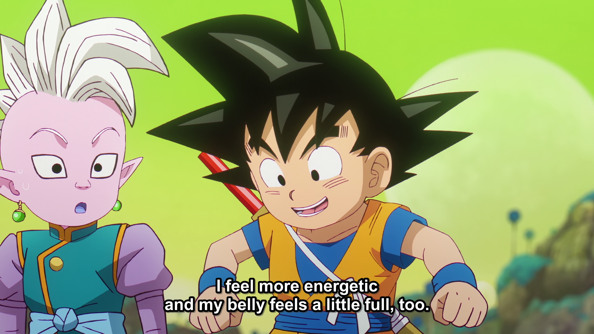 Dragon Ball Daima episode 10. This is translated as "energetic," which is accurate, but Goku says the word "genki" here.