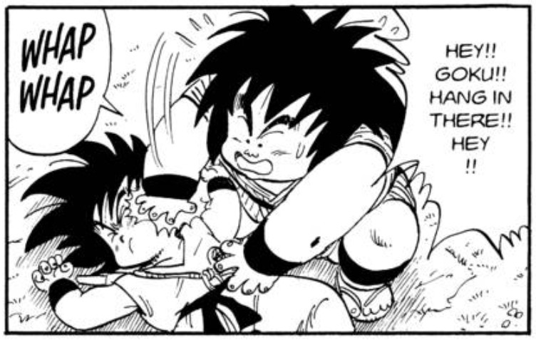 Dragon Ball chapter 144 page 11. The following are panels where Goku needed to be rescued by his friends.