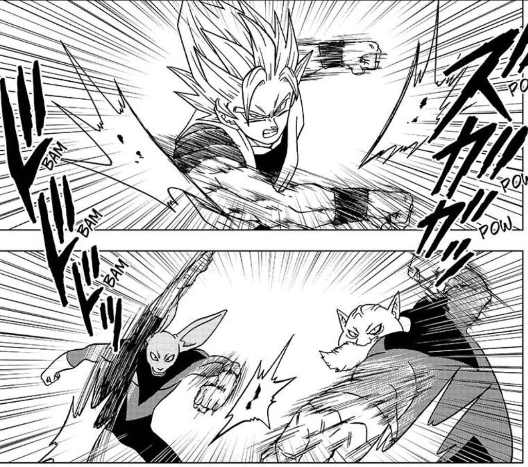 Dragon Ball Super chapter 35 page 3. Goku does not have an aura for this entire exchange with Dyspo and Toppo, but we know he's Super Saiyan 2 by his hair.