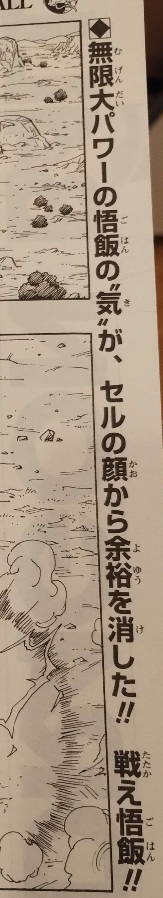 Dragon Ball chapter 409 page 1 as seen on page 318 of Dragon Ball Sōshūhen — Super Goku Legend, Legend 15. "Gohan’s infinitely powerful ki wiped the composure from Cell’s face!! Fight, Gohan!!" Image shared with me by Kashalot.