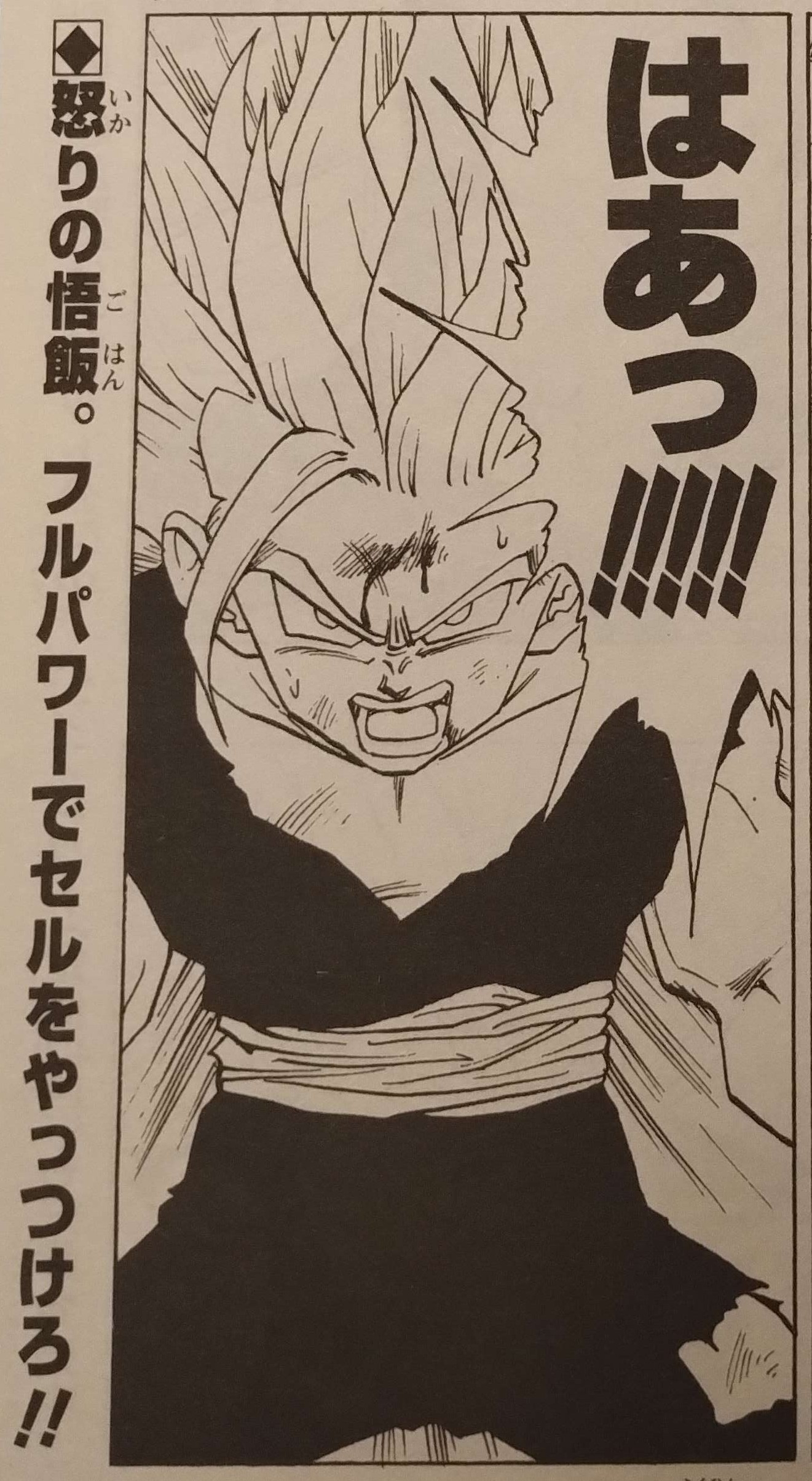 Dragon Ball chapter 414 page 1 as seen on page 393 of Dragon Ball Sōshūhen — Super Goku Legend, Legend 15. "Gohan in fury. Defeat Cell with your full power!!" Image shared with me by Kashalot.