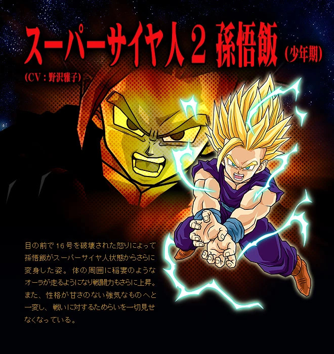 Dragon Ball Z: Budokai Tenkaichi 3 website. "Super Saiyan 2 Son Gohan (Young). The form Gohan transformed into from Super Saiyan, driven by the rage of seeing #16 destroyed before his eyes. The lightning-like aura running around his body rises further in battle power. Also, his previously gentle personality completely changed into something merciless and strong, showing no hesitation whatsoever in battle."