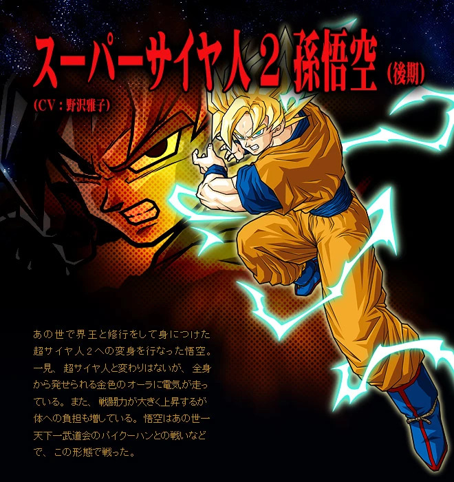 Dragon Ball Z: Budokai Tenkaichi 3 website. "Super Saiyan 2 Son Goku (Later). Goku, who achieved the Super Saiyan 2 transformation through training with Kaiō in the Other World. At first glance he appears no different from a Super Saiyan, but electricity runs through the golden aura emanating from his whole body. His battle power rises greatly, but the burden on his body also increases. Goku fought in this form in battles such as against Paikuhan at the Other World's Tenka'ichi Budōkai."