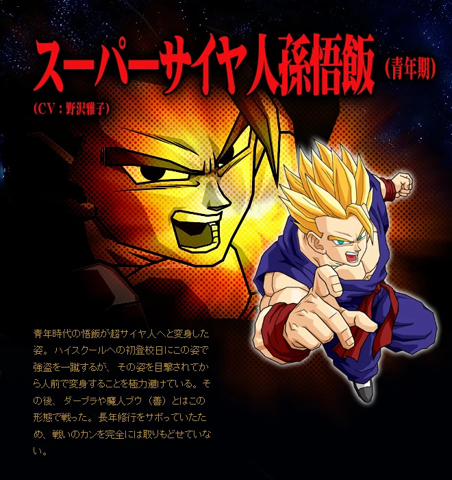 Dragon Ball Z Budokai Tenkaichi 3 official website. "Super Saiyan Son Gohan (Adult). The form of adult-era Gohan transformed into Super Saiyan. On his first day of high school he kicks a thief in this form, but after being seen transforming, he works hard to avoid transforming in front of people. After that, he fought Dabura and Majin Buu (Good) in this form. Because years of training had been neglected, he had not fully regained his fighting instincts."