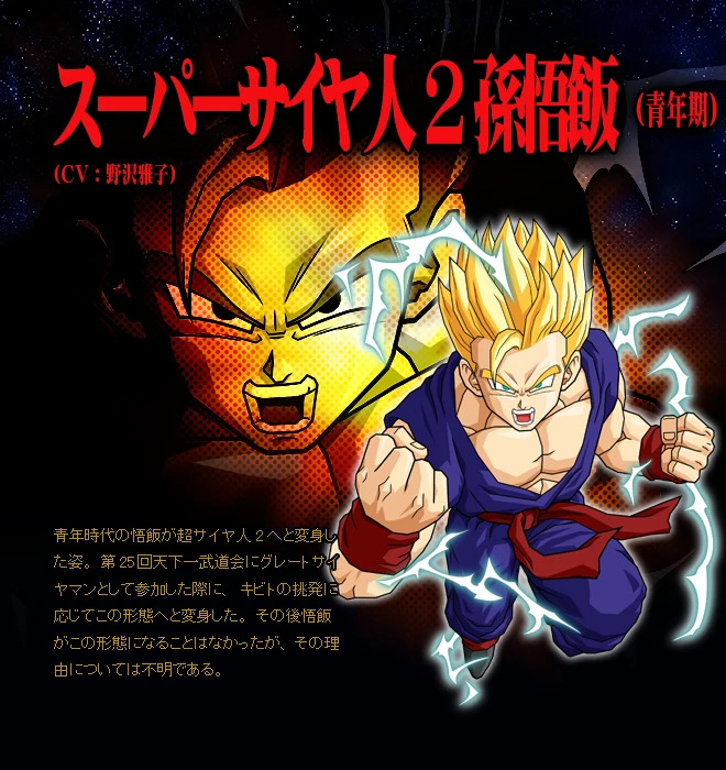Dragon Ball Z Budokai Tenkaichi 3 official website. "Super Saiyan 2 Son Gohan (Adult). The form of adult-era Gohan transformed into Super Saiyan 2. When participating in the 25th Tenka'ichi Budōkai as the Great Saiyaman, he transformed into this form in response to Kibito's provocation. After that, Gohan never became this form again, and the reason for this is unknown."