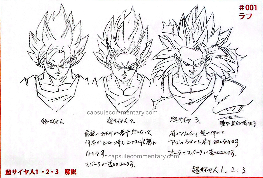 Dragon Ball Super TV Series Complete Box Special Booklet 1 page 30. "Super Saiyan 2. The part in the bangs becomes slightly narrower and there is about one extra strand. Sparks are added."