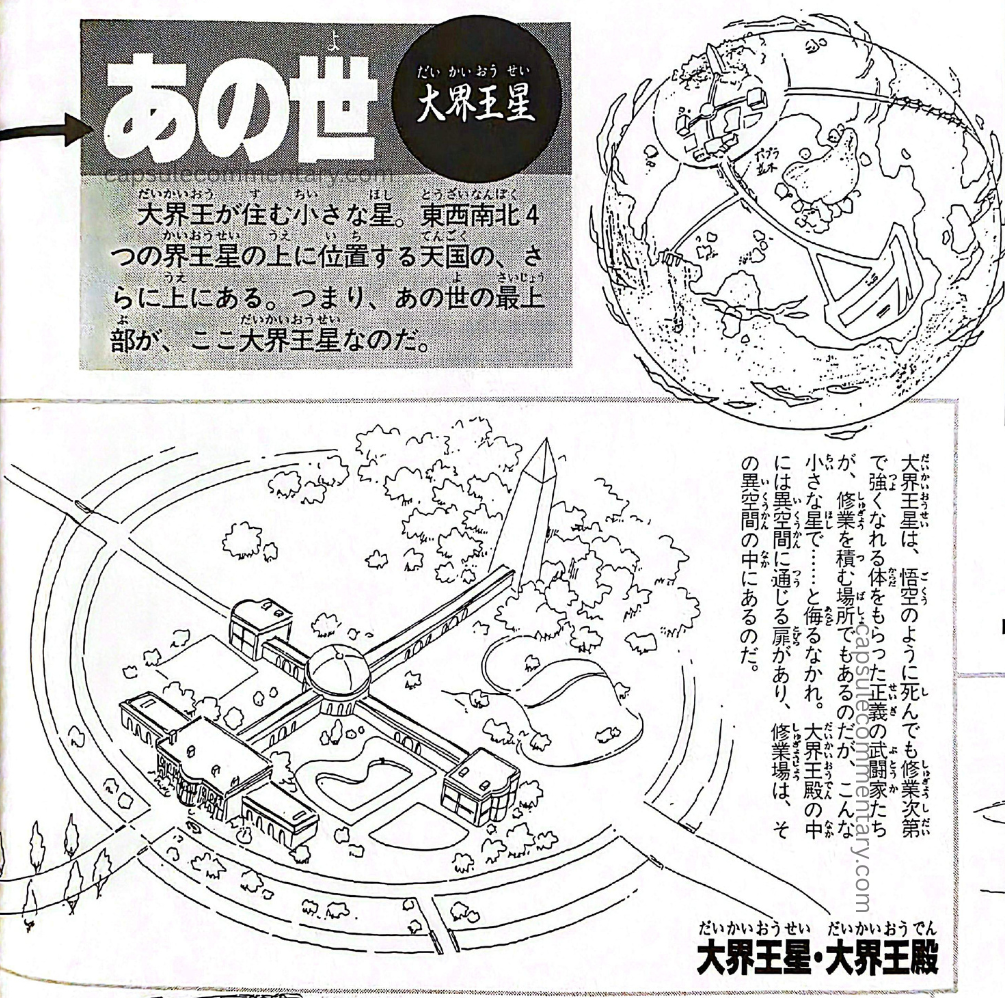 Jump Anime Library 1: Dragon Ball Z Movie 12 page 66. "The Other World. Dai Kaiō's Planet. A small planet where the Dai Kaiō lives. It is located even above Heaven, which is above the four Kaiō planets of East, West, South and North. In other words, the uppermost part of the Other World is this Dai Kaiō's Planet. The Dai Kaiō's Planet is also a place where righteous martial artists who, like Goku, have received bodies that can grow stronger even after death through training, accumulate their training — but do not underestimate it for being such a small planet. Inside the Dai Kaiō's Palace there is a door leading to another dimension, and the training ground is located within that other dimension."