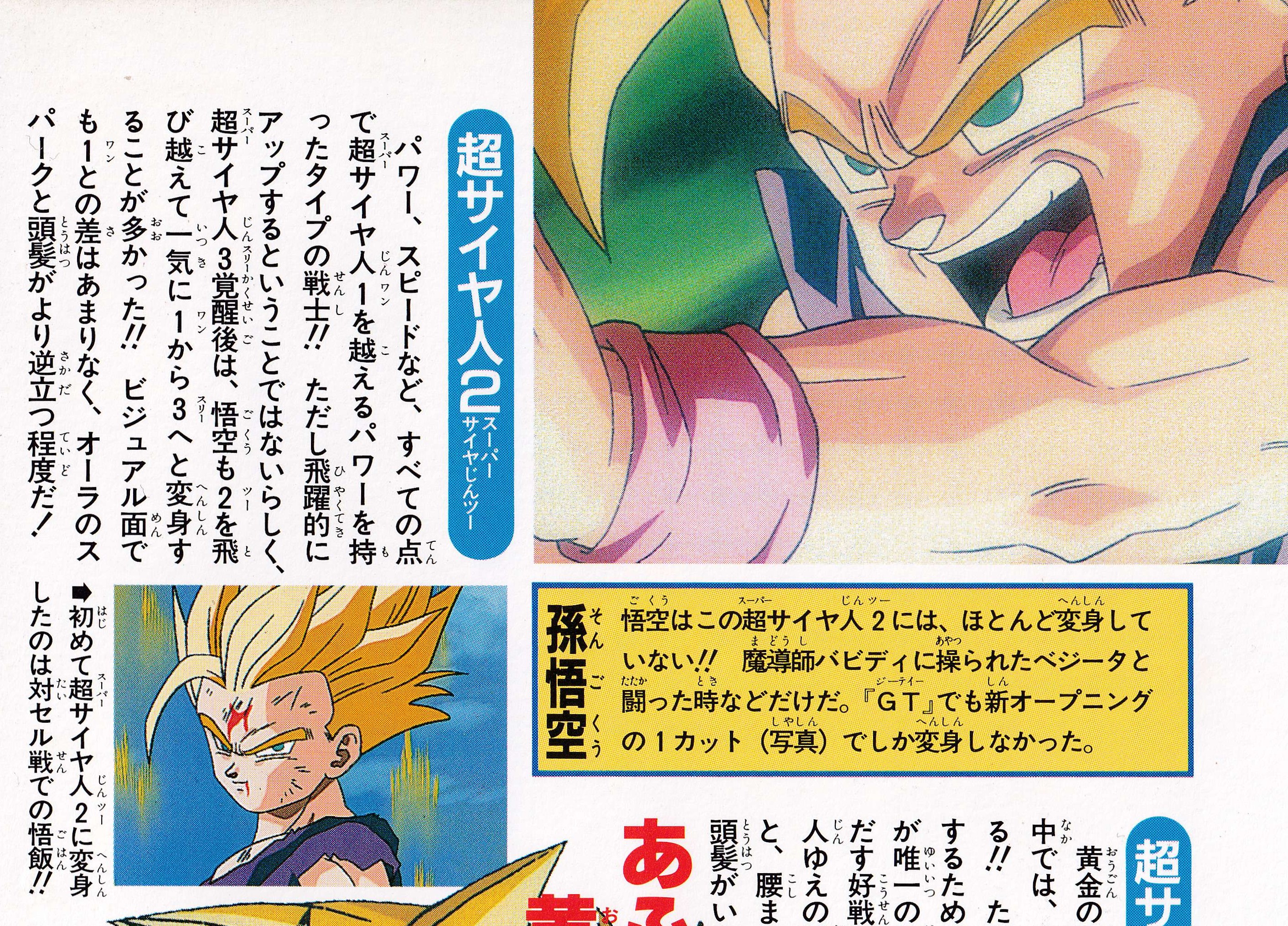 Dragon Ball GT: Perfect File 1 page 64. "Visually, there isn’t much difference from 1 either—just some sparks in the aura and hair that stands up even more."