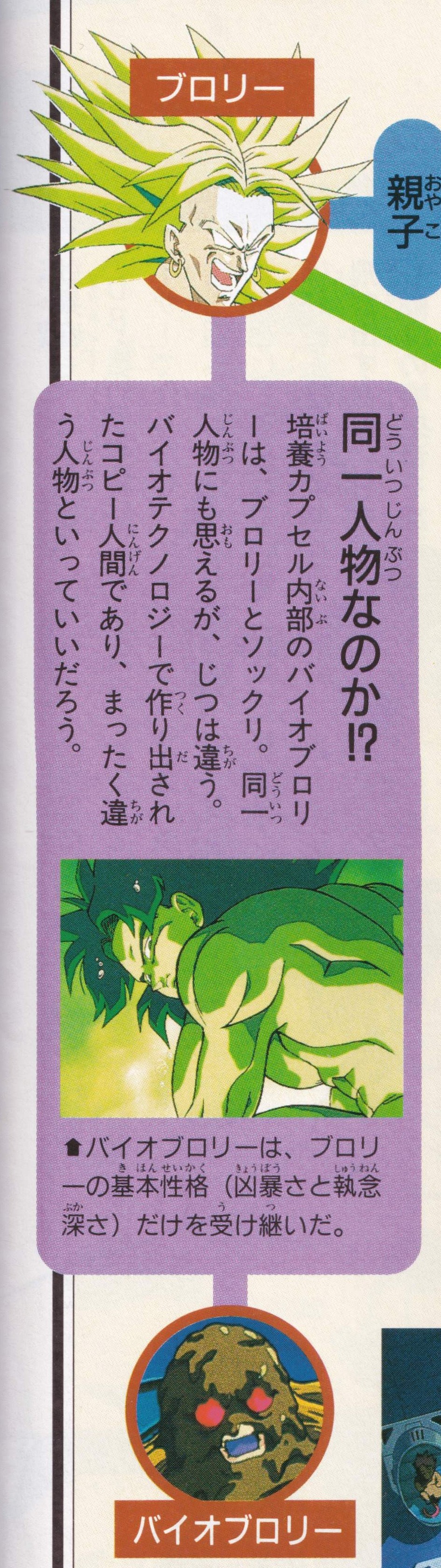 Dragon Ball: Daizenshū 10 page 72. "Are they the same person!? The Bio-Broly inside the incubation capsule looks exactly like Broly. They may appear to be the same person, but in fact they are different. He is a copy human created through biotechnology, and it would be correct to say he is a completely different individual. Bio-Broly inherited only Broly’s basic personality traits (his brutality and persistence/obsessiveness)."