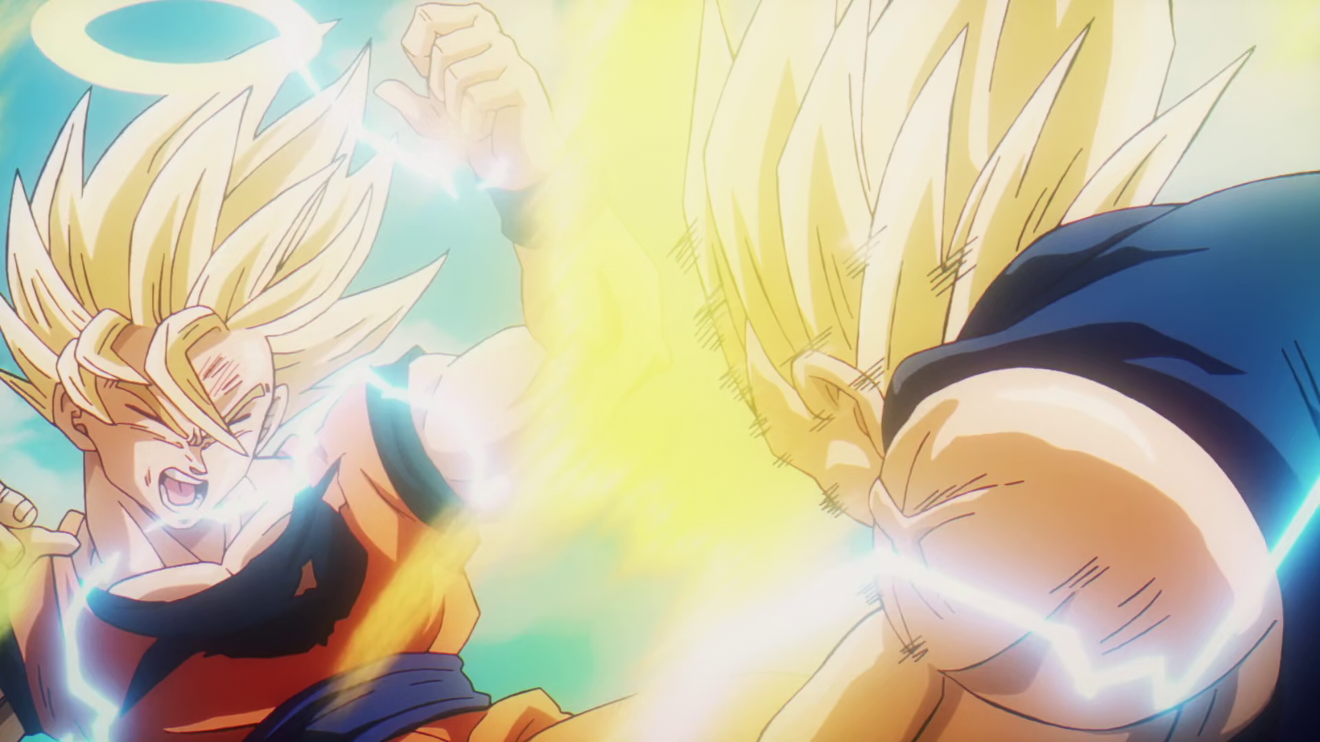 Dragon Ball Daima episode 1. SSJ2 Goku fighting Majin Vegeta with sparks around their auras.