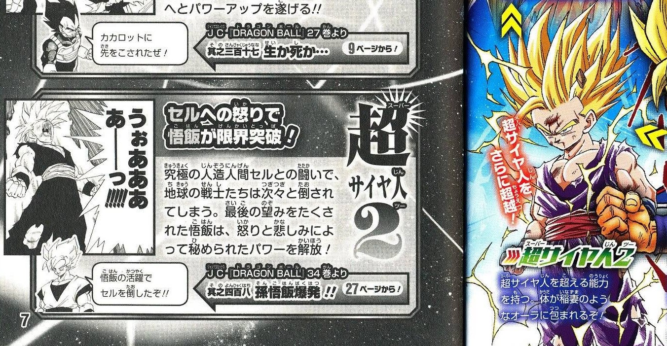 Pages 6 and 7 of the Dragon Ball S: Saiyan Ultra Strongest Comics insert in Saikyō Jump January 2018. "Further transcending Super Saiyan! / Super Saiyan 2 / Possessing ability that surpasses Super Saiyan. The body becomes wrapped in an aura like lightning!" Image from "Saikyou Archives" on Facebook.