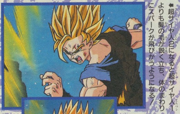 V-Jump November 1995 page 179. "When one becomes Super Saiyan 2, the hair stands up more sharply than in Super Saiyan 1, and sparks fly around the body." Source: https://nitter.net/Bo_deWindt/status/1100660350179958784#m