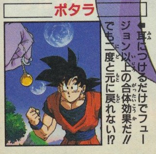 V-Jump September 1995. "Potara. Just by putting them on your ears, you get a fusion effect greater than Fusion!! But… you can never return to normal again!?”